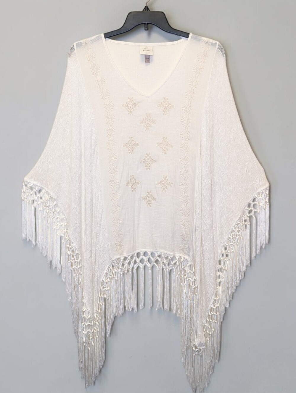 Knox Rose Ivory Embroidered Fringe Poncho Boho Festival Cover Up L/XL